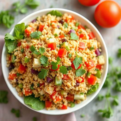 Close-up of a vibrant and colorful quinoa salad with mixed vegetables and herbs, showcasing a healthy and balanced meal option.