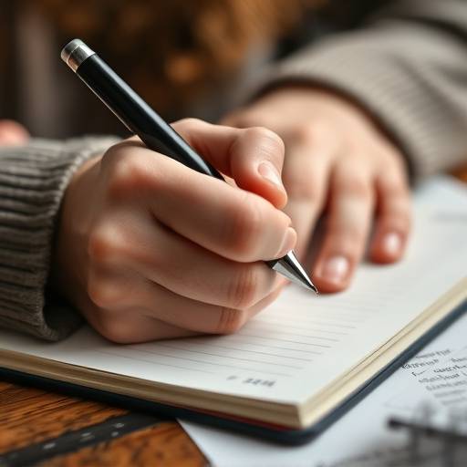 Close-up of hands journaling with a pen