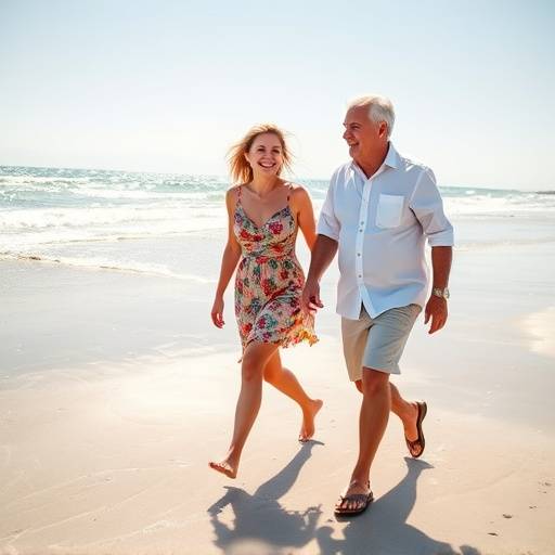 Happy senior couple walking on the beach together
