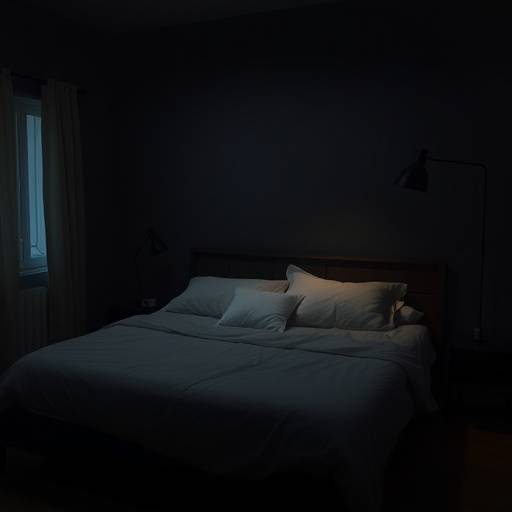 Image of a dark and quiet bedroom with a comfortable bed, promoting restful sleep.