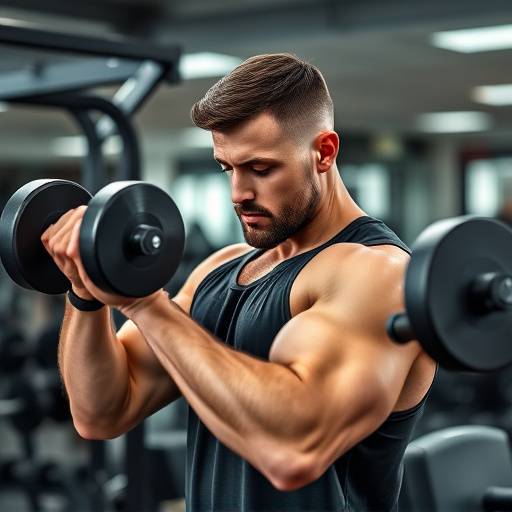 Man lifting weights in a gym, focusing on his bicep curls