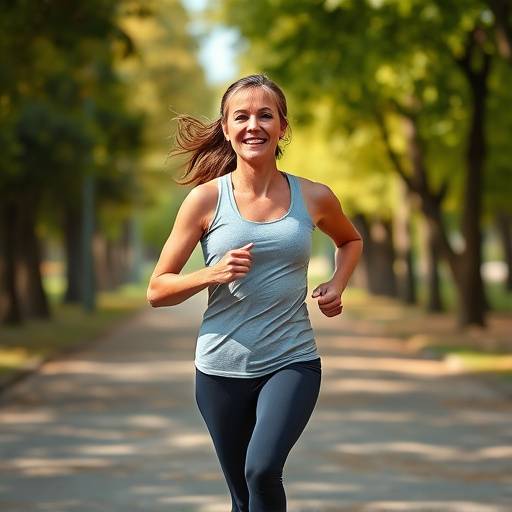 Woman running outdoors in a park, smiling and looking energetic